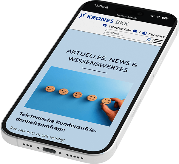 freigestelltes Bild: aktives Smartphone mit geöffneter Krones BKK Website