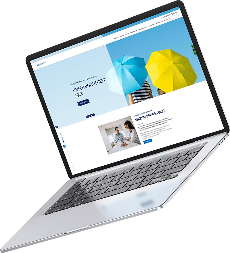 freigestelles Bild: aufgeklappter Laptop mit geöffneter Website der Krones BKK