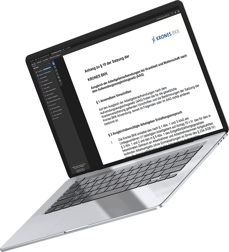freigestelles Bild: aufgeklappter Laptop mit einem geöffnetem PDF der Krones BKK